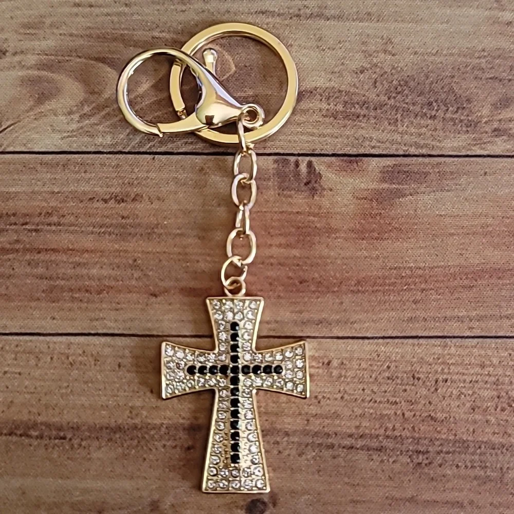 Rhinestone Black and Gold Toned Cross Keychain Keyholder